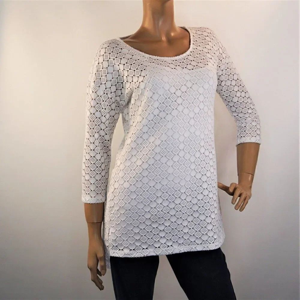 Peck And Peck White Tunic Top Cutout Pattern Stretch 3/4 Sleeve Lined Sz Small